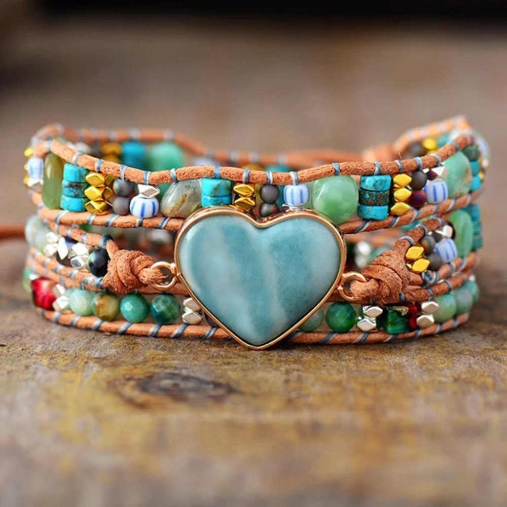 Natural Amazonite Stone Crystal Leather Wrapped Bracelet - Heart Charm